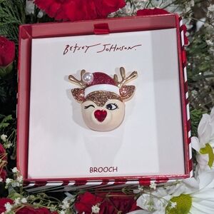 NEW Betsey Johnson Festive Reindeer Brooch with Gold and Red